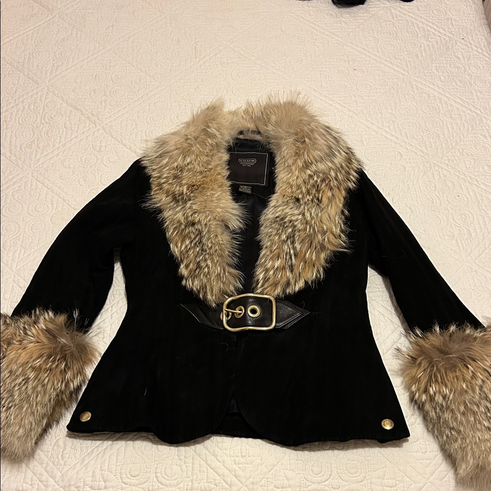 Coach black suede elegant Jacket with  Fur Trim.